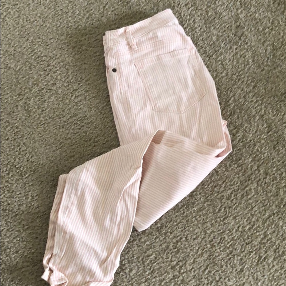 High waisted pink and white stripe ankle jeans